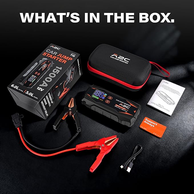 A2C Car Jump Starter, 12V Lithium Battery Booster Box, 16800mAh Portable Power Bank Pack Charger, for 6L Gas or 3L Diesel Truck, RV, Pickup