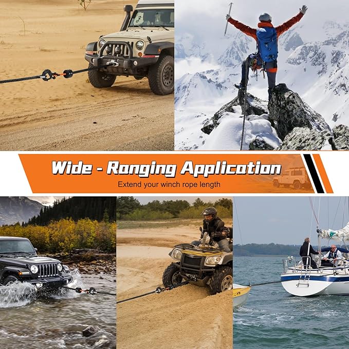 Synthetic Winch Rope Extension, 3/8Inch x 50Ft 26500 Lbs Winch Extension Cable Replacement Tow Ropes Line for Off Road Vehicle ATV UTV Truck SUV Jeep (Black)