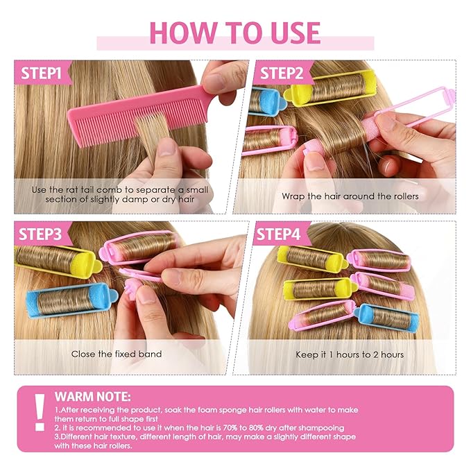 Syhood 43 Pcs Foam Sponge Hair Rollers Women 0.59 Inch Soft Sleeping Curlers Flexible Sponge Curler Tool and Rat Tail Comb for Hair Styling Hairdressing Overnight Curl and Volume(Pink Blue Yellow)