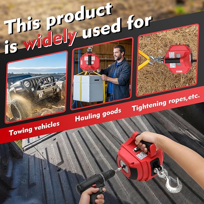 Portable Drill Winch of 1000 Lbs, Red Handheld Drill Winch with 40 Foot Synthetic Rope, Rotate The Hook 360 Degrees, for Lifting & Dragging(Red)