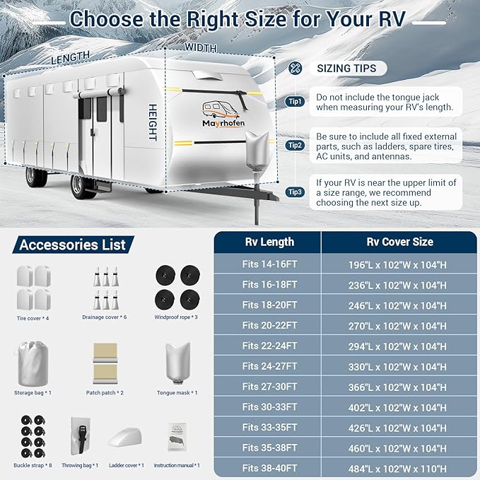 600D Oxford Fabric RV Cover 38-40ft Travel Trailer Cover, Multi-Layer Breathable Rip-Stop Camper Cover with Water-Resistant Coating, Repair Kit, Gutter Protection, Tire Straps