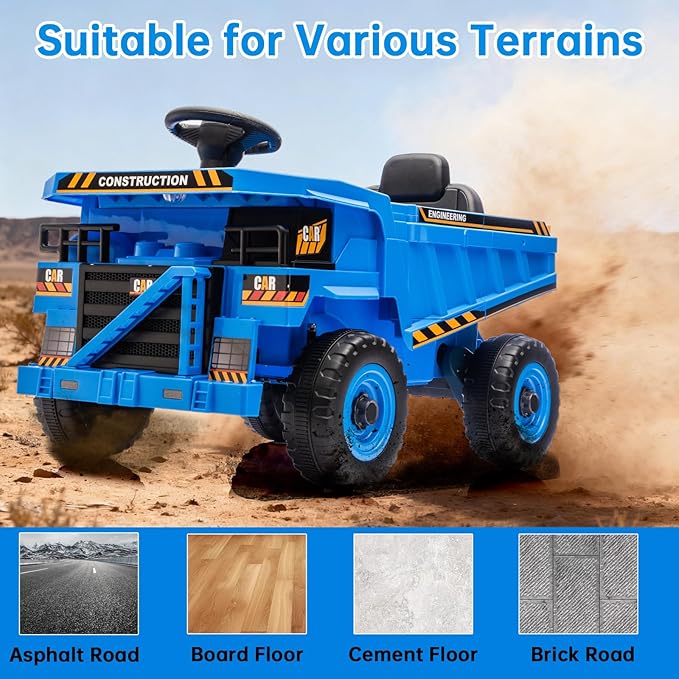 12V Ride On Construction Truck, Battery Powered Ride On Car with Remote Control, Kids Electric Vehicle with Shovel, Speaker, Blue