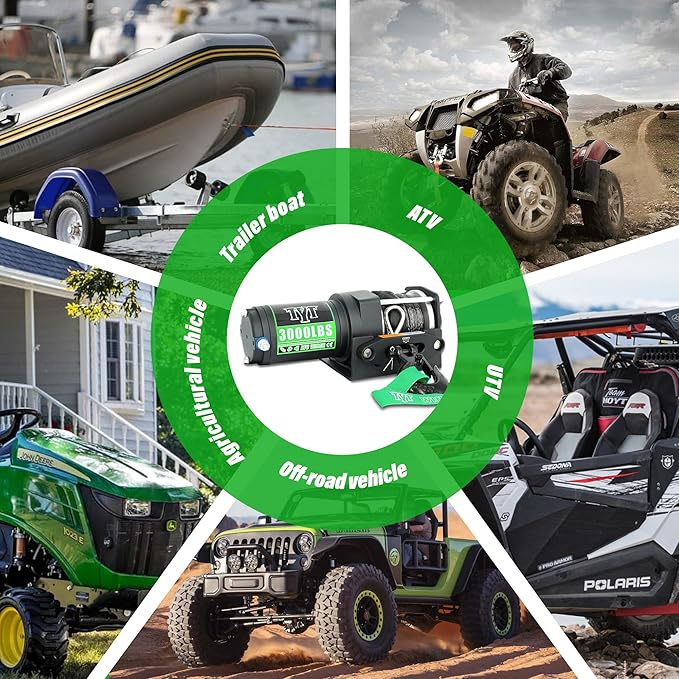 TYT 3000 lb ATV Winch, 12V DC Electric Winch with Wireless Remote and Wired Switch, 1/5"x 32FT Synthetic Winch Rope with Fairlead and Winch Mounting Plate