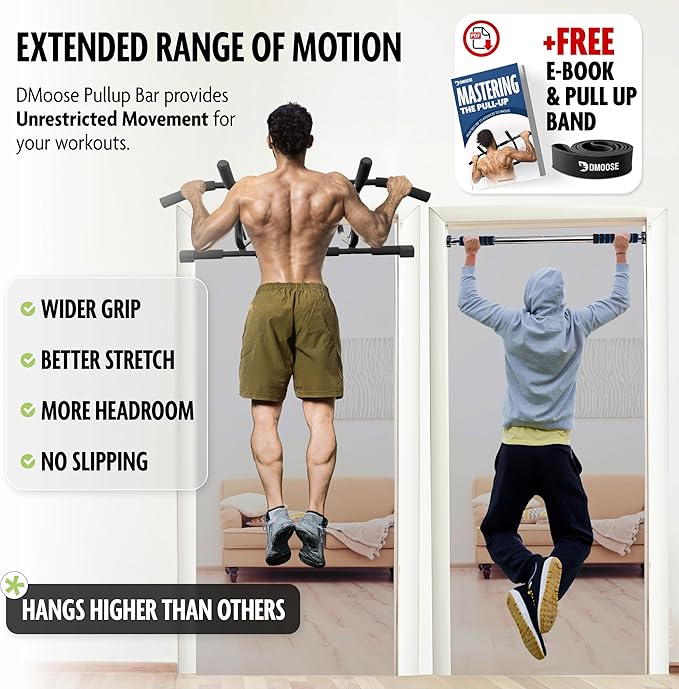 DMoose Fitness Pull Up Bar for Doorway - Upto 250 Lbs Capacity, No Screwing or Slipping, Hanging Pullup & Chin Up Bar for Door Frame - Multi Padded Grips for Strength Training with Installation Guide