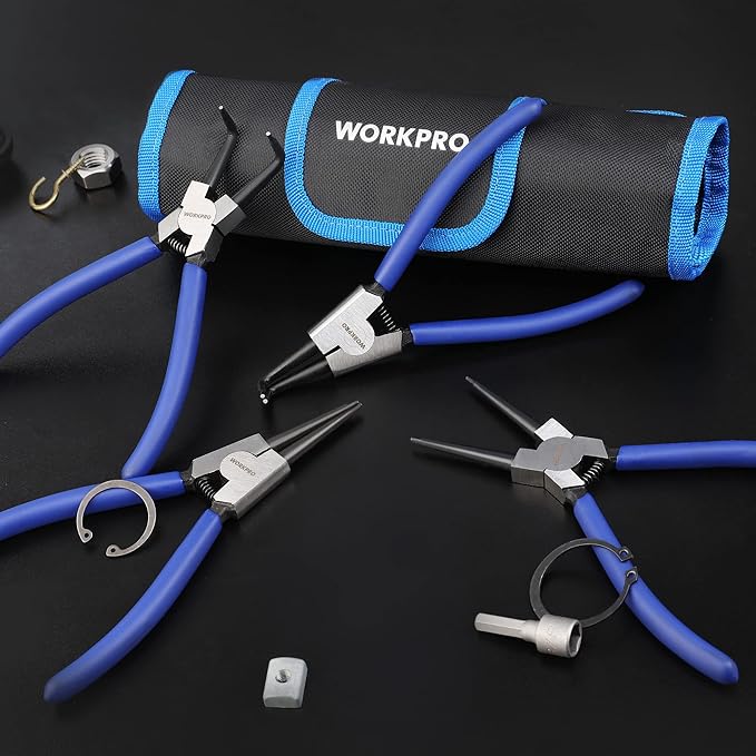 WORKPRO 4-Piece Snap Ring Pliers Set, 7-Inch Internal and External Circlip Pliers Kit with Straight and Bent Jaw, For Ring Remover Retaining, Storage Pouch Included, Father's Day Gifts