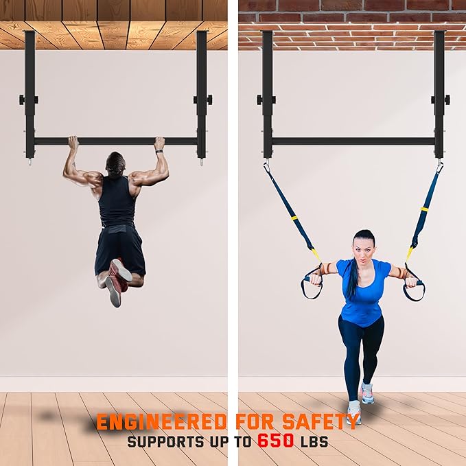 48" Ceiling Mount Pull Up Bar, Heavy Duty Multi-Grip Rafter Chin Up Bar for Garage/Basement/Backyard Ceiling Beam, Adjustable Height&Supports to 650 Lbs