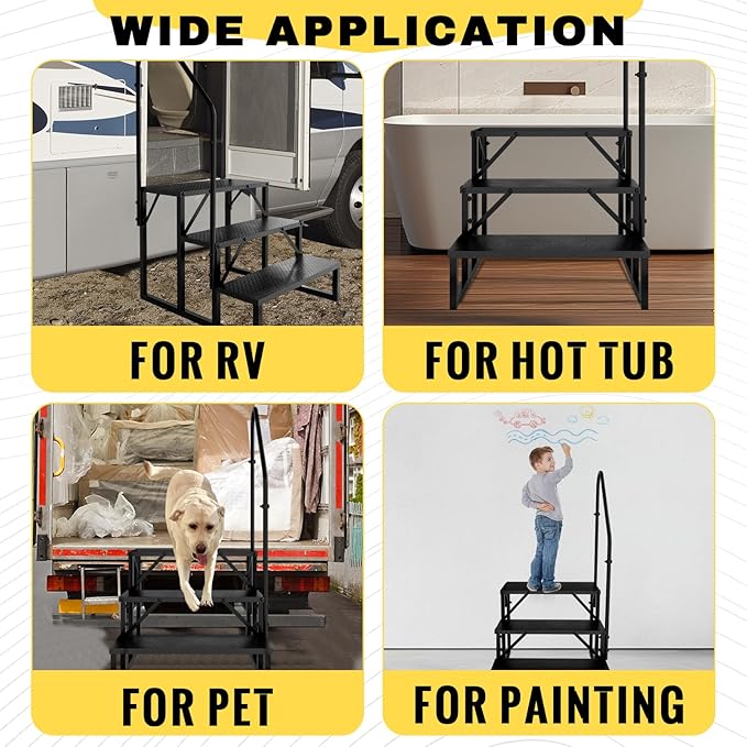 RV Steps with Handrail, Hot Tub Steps Outdoor, 3 Step Ladder Stool, RV Stairs with Anti-Slip Panel, Camper Steps for Spa, Travel Trailers, Pool and Porch