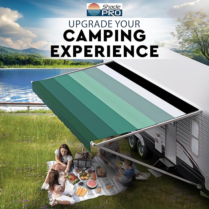 ShadePro - RV Awning Fabric Replacement - Heavy Duty Weatherproof Vinyl - Universal Outdoor Canopy for Camper, Trailer, and Motorhome Awnings - Emerald Green Blk WG - 10' (Fabric 9' 2")