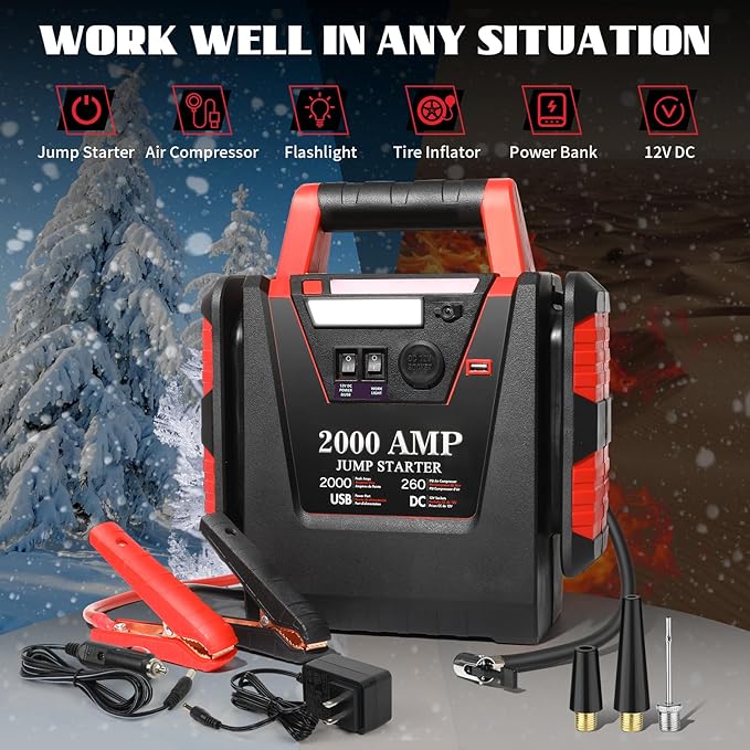 Jump Starter with Air Compressor,2000A Car Battery Jumper Starter 260 PSI Tire Inflator,6 in 1 Auto Lead-Acid Battery Booster Jump Starter for Up to 10.0L Gas or 8.0L Diesel with LED Light