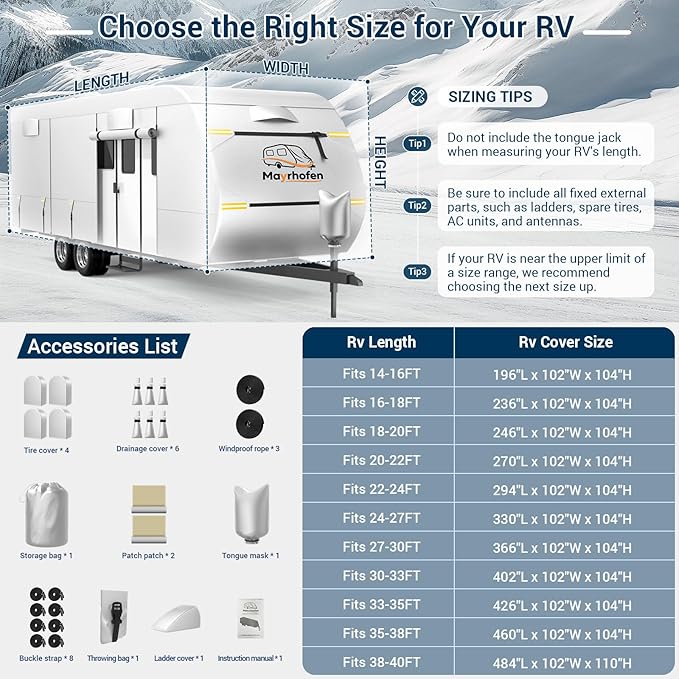 600D Oxford Fabric RV Cover 22-24ft Travel Trailer Cover, Multi-Layer Breathable Rip-Stop Camper Cover with Water-Resistant Coating, Repair Kit, Gutter Protection, Tire Straps