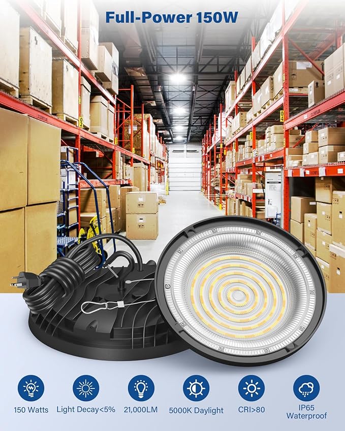 150W UFO LED High Bay Light, 21,000LM LED Shop Lights Fixture, 5000K, Replace 600W Halogen, 120VAC, Plug & Play Lighting for Warehouses, Workshops, Garages, and Barns – ETL Listed, 6 Pack