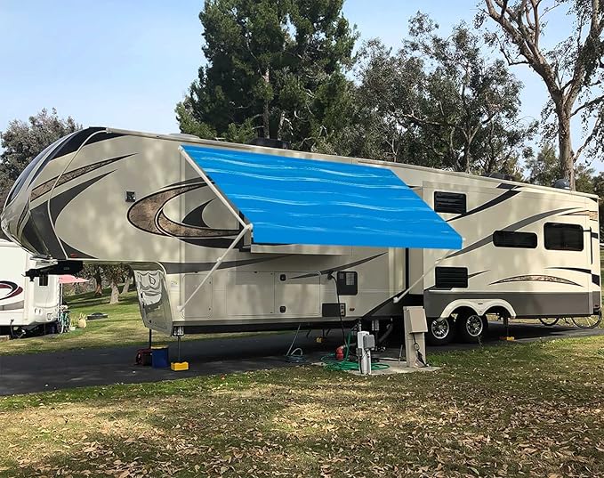 Leaveshade RV Awning Fabric Replacement Camper Trailer Awning Fabric Super Heavy Vinyl Coated Polyester 17'3''(Fit for 18' Awning)- Blue Wave