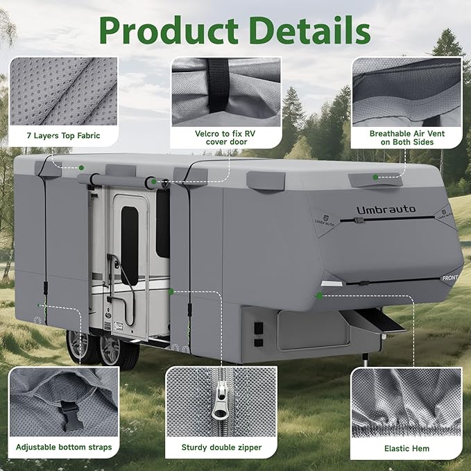 Umbrauto 5th Wheel RV Cover Upgraded 7 Layers Top Anti-UV Waterproof Breathable Camper Covers Fits 31' - 34' Travel Trailer Motorhome with 2Pcs Extra Straps & Gutter Covers