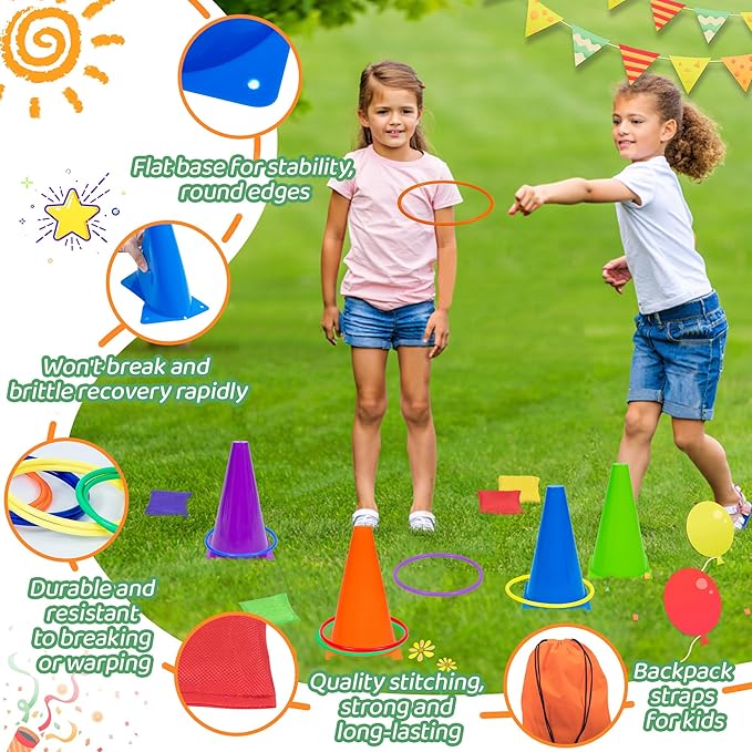 Carnival Outdoor Games Combo Set for Kids, Soft Plastic Cones Bean Bags Ring Toss Game, Activity Agility Set,Field Day Family Reunion Yard Lawn, Birthday Party Easter, Spring Fall Game