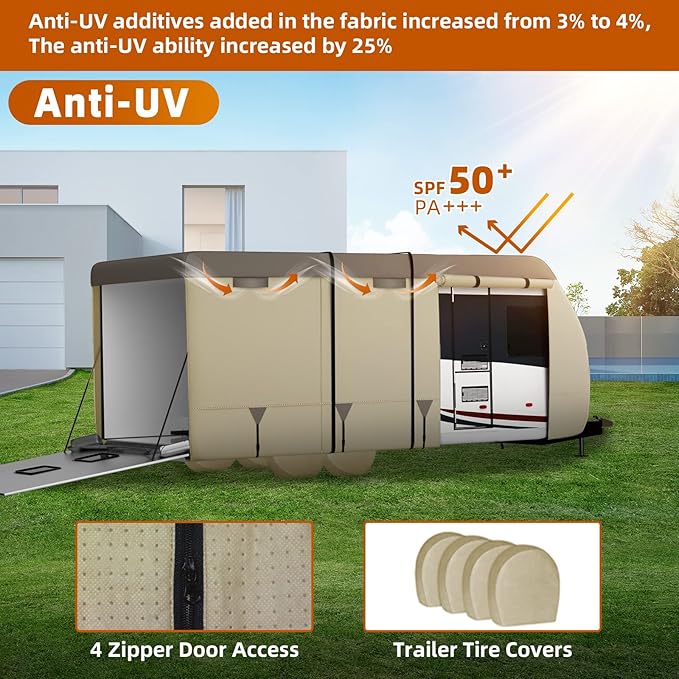 Umbrauto Travel Trailer RV Cover – Upgraded 7-Layer Top Camper Cover, Waterproof & Windproof Trailer Cover for 35'-38' RV, Includes 4 Tire Covers, Tongue Jack Cover and Gutter Cover