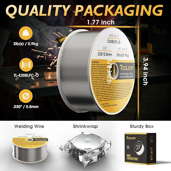 TOOLIOM Gasless Flux-Cored MIG Welding Wire, Stainless Steel Solder E308LFC-O, .030" Diameter, 2 lb Spool