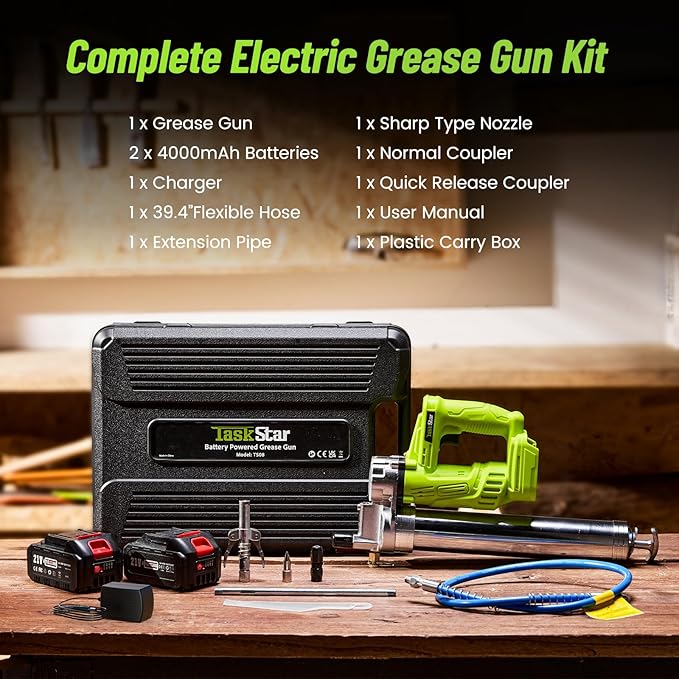 Grease Gun: Electric Grease Gun Battery Powered with 2 * 4.0Ah Batteries and Charger, Quick-Release Coupler, 10000 PSI Max Pressure, for Farmers, Mechanics, and Equipment Owners