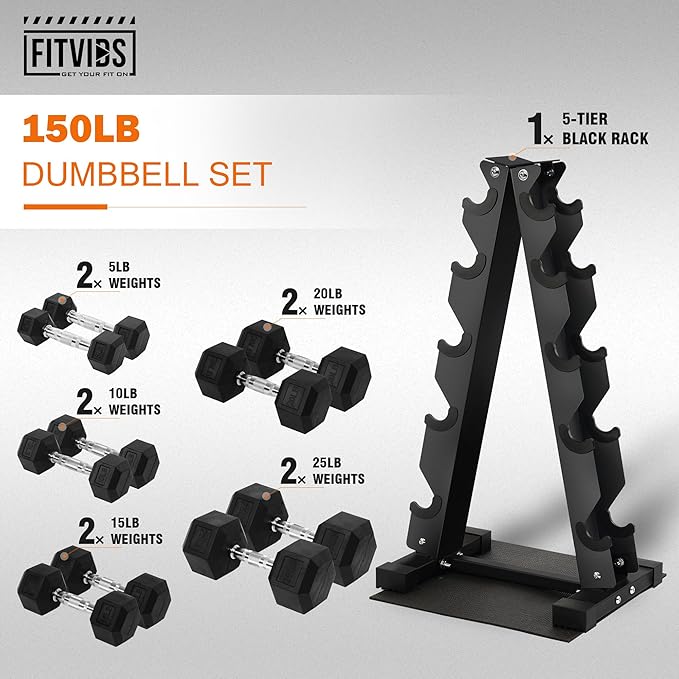 Rubber Encased Hex Dumbbell Set with Rack, 5-20LB or 5-25LB Hand Weights with Anti-Slip Grip for Exercise & Fitness, Dumbbell Weights Set for Home Gym, 100LB or 150LB Set Options