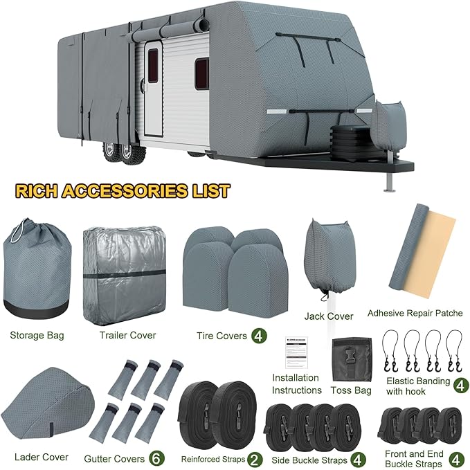 Mofeez Travel Trailer RV Cover, Extra-Thick Upgraded 7 Layers for Camper Cover 24'-27' Windproof Waterproof Rip-Stop RV Covers with Adhesive Repair Patches, 2Pcs Extra Straps & 4 Tire Covers