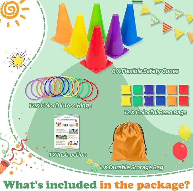 Carnival Outdoor Games Combo Set for Kids, Soft Plastic Cones Bean Bags Ring Toss Game, Activity Agility Set,Field Day Family Reunion Yard Lawn, Birthday Party Easter, Spring Fall Game