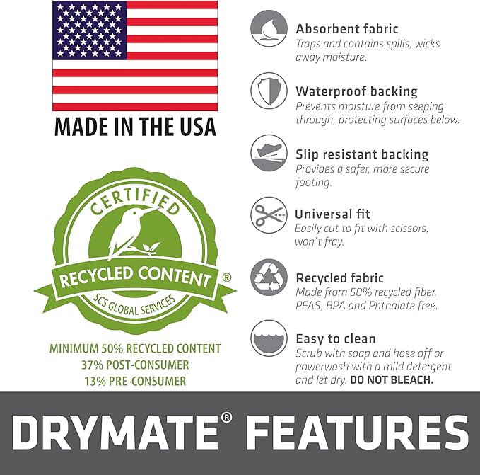 Drymate Garage Floor Runner Mat, (18' x 2'6"), Protects Surfaces, Absorbent, Waterproof, Slip-Resistant, Quick Dry Carpet Fabric, Trimmable & Washable (USA Made) (Charcoal)