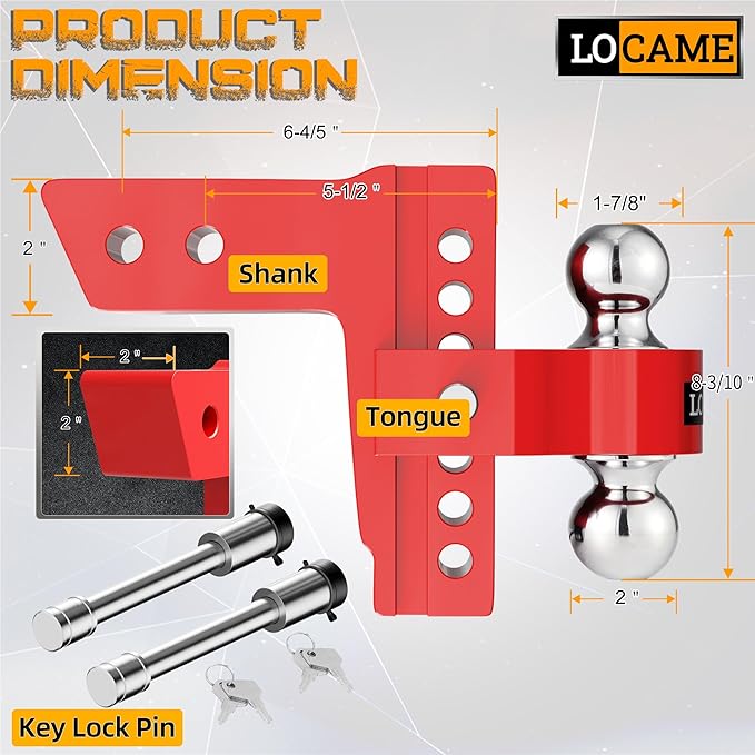 LOCAME Adjustable Trailer Hitch, Fits 2-Inch Receiver, 6-Inch Drop Aluminum 1-7/8'' & 2'' Tow Ball Drop Hitch,12,500 LBS GTW-Tow Hitch for Heavy Duty Truck with Double Stainless Locks, Red, LC0046