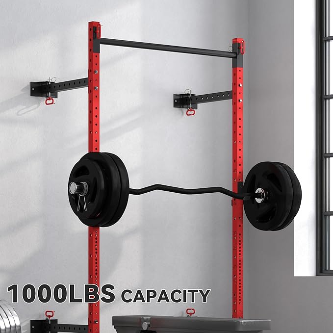 Soozier Folding Squat Rack with Adjustable Pull-Up Bar, 1000 Pounds Capacity Wall Mounted Power Rack, Adjustable Barbell Rack with J Hooks for Home Gym Full Body Workout