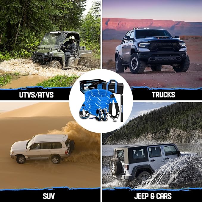 Kinetic Recovery Rope Kit (Reflective), 1in x 30ft 48,500Lbs, 35% High Elasticity, w/ 2 Soft Shackles, 16,166Lbs Work Load Limit for 4x4 Offroad Vehicle (Medium Blue