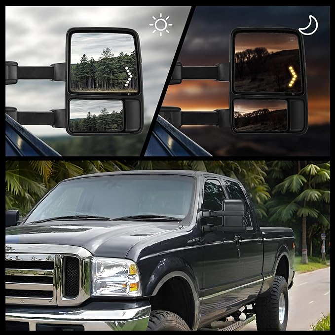 DWVO Tow Side Mirrors Compatible with 99-07 Ford F250 F350 F450 F550 Super Duty Mirror with Smoke Heated Turn Signal Light Led Turn Light Power Pairs