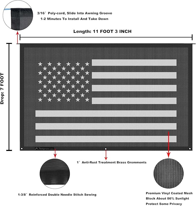 Tentproinc RV Awning Sun Shade Screen 7' X 11' 3'' (American Flag) Black Mesh Sunshade Camper Trailer Awning Shade Screen UV Blocker Completed Kits