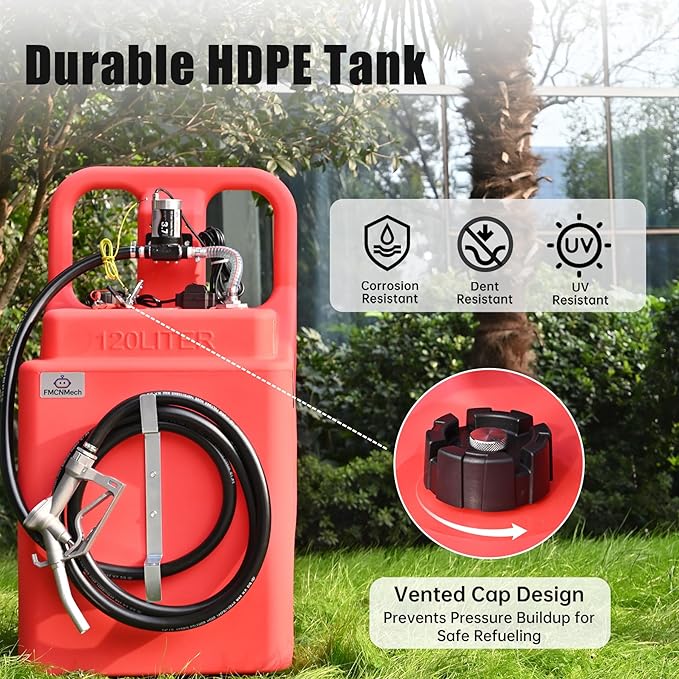 32 Gallon Portable Fuel Caddy with 12V Electric Pump, 3.7GPM Forward & Reverse Flow, HDPE Fuel Transfer Tank for Gasoline, Diesel, Kerosene – 13ft Hose, Durable Wheels for Farm, Boat, Tractor