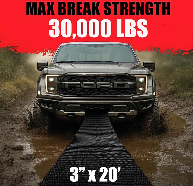3" X 20' Heavy Duty Tow Strap - 30,000 Lb Break Strength Recovery Strap for Truck, SUV, Jeep & Off-Road Use | Reinforced Loops, Abrasion Sleeve & Carry Bag Included.