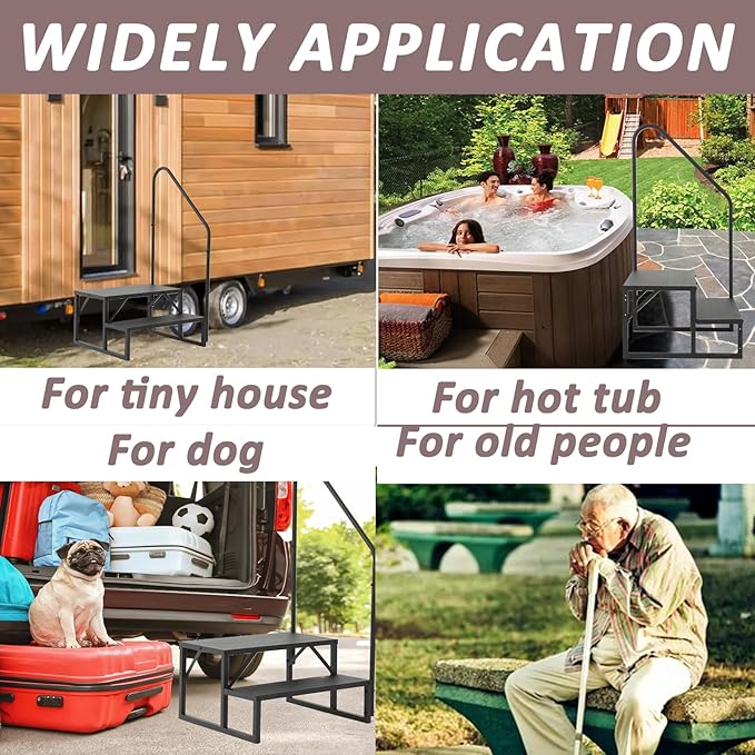 RV Stairs 2 Step, RV Steps with Handrail, Upgrade 3.0 RV Stairs with Platform, 660lbs Anti-slip Step Ladder Hot Tub Step for Indoor Outdoor