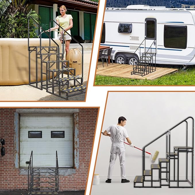 6 Step RV Stairs, Hot Tub Steps, Outdoor Spa Step Ladder with Handrail,Portable Economy 6th Wheel Stair for Travel Trailer, Motor Home, Camper and Porch with Non-Skid Tapes