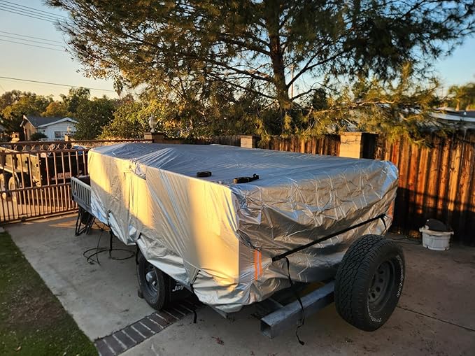 Oxford Fabric Pop Up Folding Camper Cover 10'-12' Super Waterproof Tear-Resistant Anti-UV Tent Trailer Cover for Winter Snow with Reinforced Corners, 5+2 Windproof Straps, Storage Bag