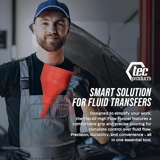 TEC Products FlexAll Short Neck Funnel - Flexible Funnel w/ Hose for Automotive Use - Durable Nitrile Rubber - Car Oil Change, Transmission Fluid, Diesel, Gas - USA Made - Large (10.07 x 5.73 Inches)