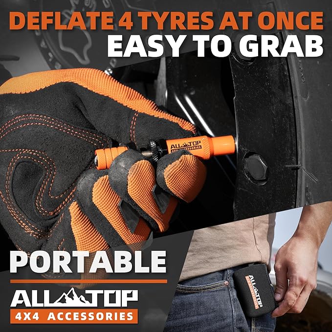 ALL-TOP Adjustable Auto-Stop Tire Deflator Valve Kit (10-30PSI) 4 PCS Tyre Air Down Tool with Screw-On Back-up Valve Caps for Offroad 4x4 (2nd Gen)