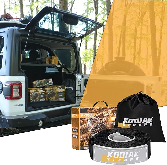 KODIAK STRAPS Tow Strap – 3'' x 20ft Car Tow Straps Heavy Duty with 30000 lbs. Break Strength and Reinforced Loops Emergency Rope Off Road Recovery Equipment Towing Straps Draw String Bag Included
