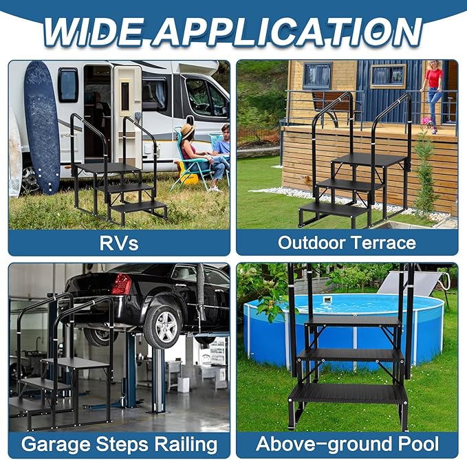 RV Steps, 3-Steps RV Stairs with Handrail Hot Tub Steps Camper Steps, Non-Slip Steps Outdoor Stairs for RV, Trailer, Mobile Home Stairs, Outdoor Spa
