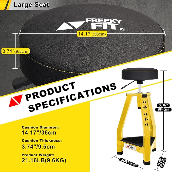 Adjustable Tall Shop Stool, Mechanic Garage Bar Stool Chair, Work Metal Chair for Workshop,360° Swivel Padded Seat, Tool Tray Storage, 350 LBS Capacity, Heavy Duty, Yellow