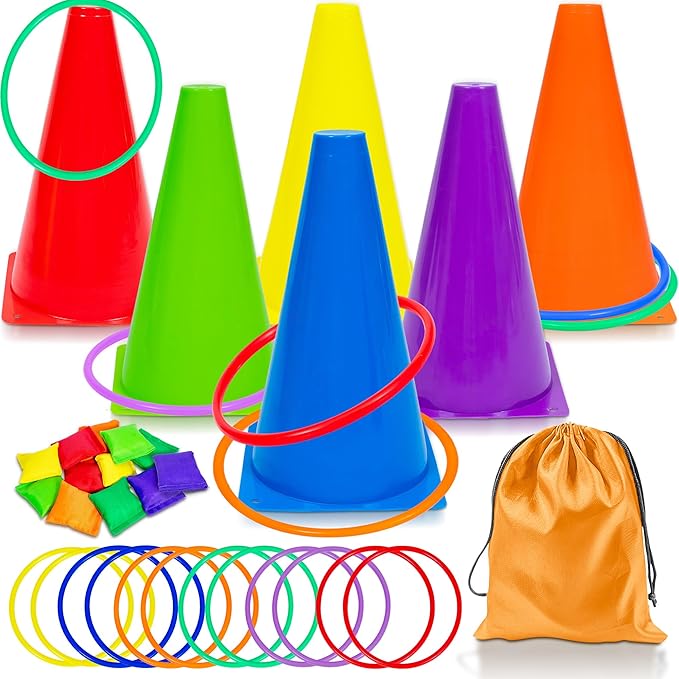 Carnival Outdoor Games Combo Set for Kids, Soft Plastic Cones Bean Bags Ring Toss Game, Activity Agility Set,Field Day Family Reunion Yard Lawn, Birthday Party Easter, Spring Fall Game
