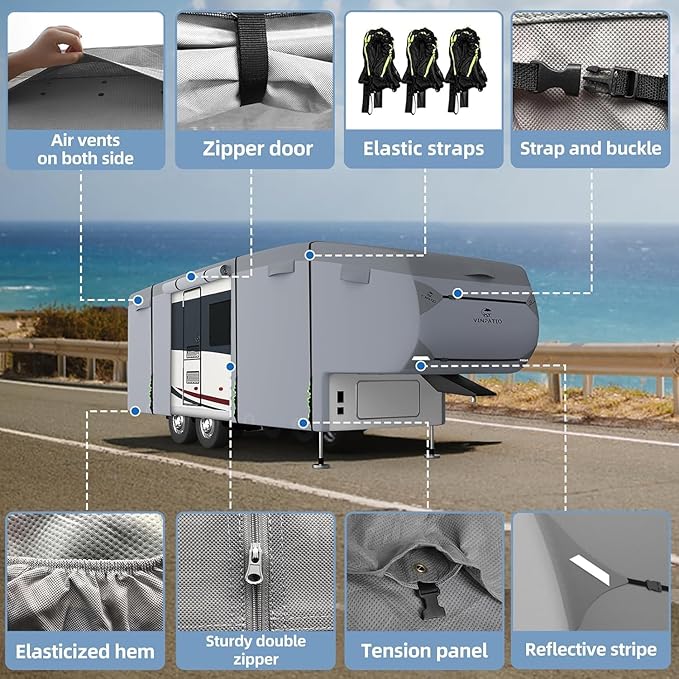 5th Wheel Cover: Heavy Duty Fifth Wheel Cover Fits 37'-40' RV, 7 Layers Waterproof Windproof 5th Wheel RV Cover Ripstop, with Gutter Cover & 3 Pcs Extra Straps