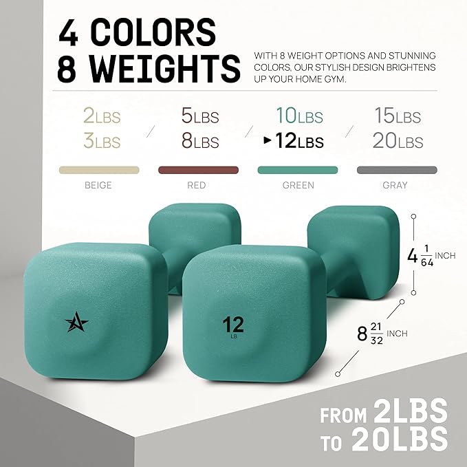 Yes4All Square Neoprene Dumbbell Set for Women/Men, Workout Hand Weight Dumbbells Set of 2, 2lb - 20lb with 4 Colors, Anti-Roll, Anti-Slip Exercise Dumbbells Weights for Home Gym,
