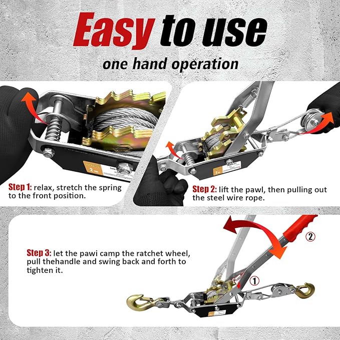 Come Along Winch Heavy Duty, 2T 2 Gears Come Along Pulling Tool, Cable Winch Puller with 2 Hooks, Come Along Power Puller Ratchet Tool, Manual Winch Ratchet Tool for Towing Lifting