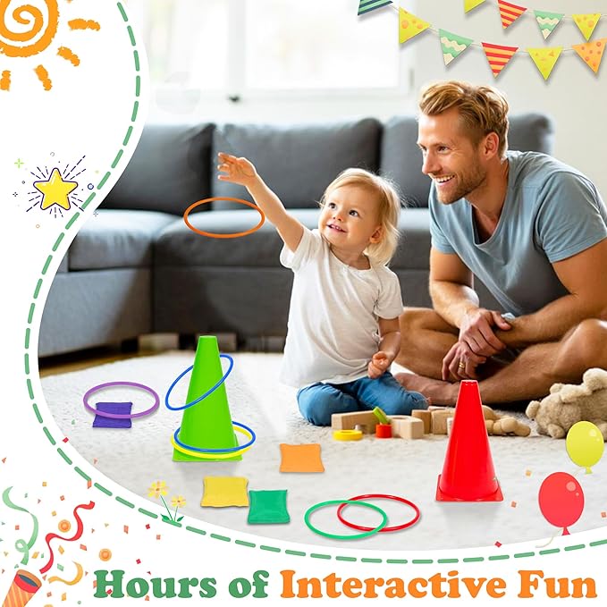 Carnival Outdoor Games Combo Set for Kids, Soft Plastic Cones Bean Bags Ring Toss Game, Activity Agility Set,Field Day Family Reunion Yard Lawn, Birthday Party Easter, Spring Fall Game
