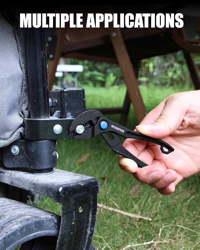WORKPRO Mini Water Pump Pliers, 4-Inch Groove Joint Pliers, Fast Adjustable Tongue and Groove Pliers with 15-Position Push-Lock, V-Jaw for Multi-Surface Grip, Ideal for Tight Spaces and Versatile Use