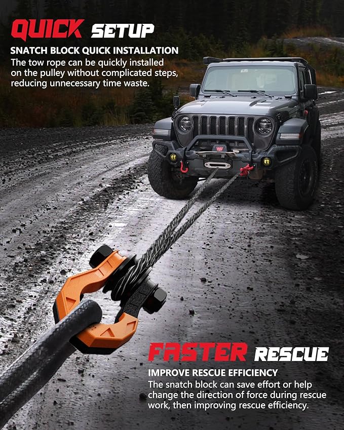 D Ring Separate Shackle with Snatch Block 2 Set, 3/4" Shackles w/Snatch Block Pulley, Heavy Duty Shackle for Towing Winch, Pulley for Off-Road Vehicle Recovery, Truck, ATV, UTV, BlackOrange