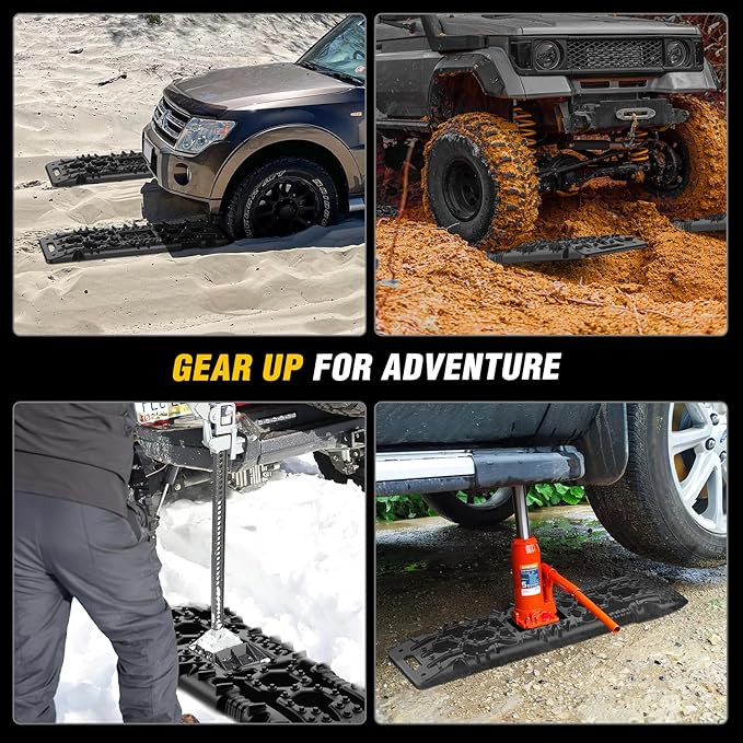 Nilight Recovery Off-Road Traction Boards with Jack Lift Base Emergency Tire Ladder Mats for 4WD 4X4 Mud Sand Snow with 2PCS Mounting kit Carry Bag 2 leashes (Black)