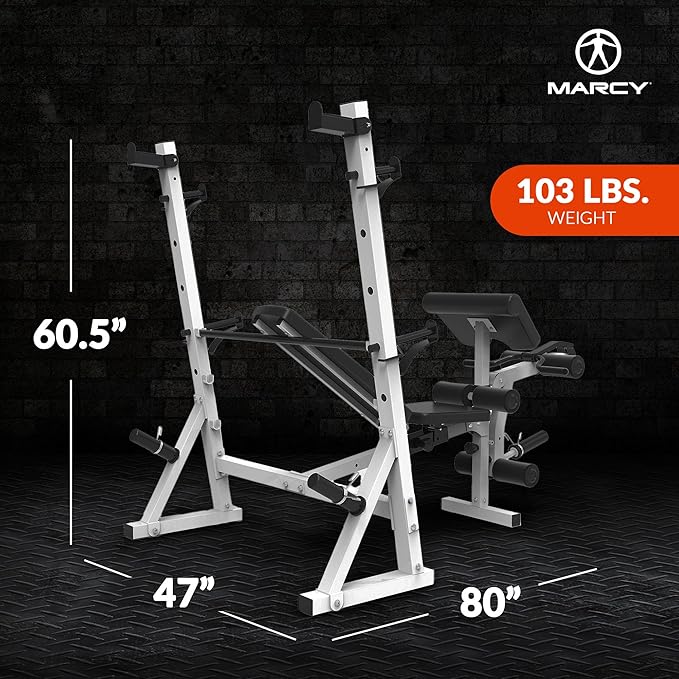 Marcy Olympic Workout Bench for Home Gym Strength Training Equipment with Preacher Curl Pad and Weight Rack Storage, White/Black