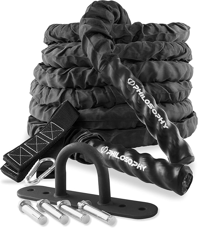Philosophy Gym Exercise Battle Rope with Cover and Anchor Kit for Fitness Training, Conditioning